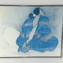1978 R C Gorman Woman With Blue Blanket Signed Framed Lithograph Print ~ 28"x22"