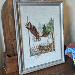 Vintage Cottagecore Needlepoint Eagle & Babies Feeding Time Framed