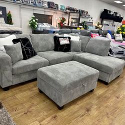 3-pc sectional sofa with storage ottoman grey corduroy