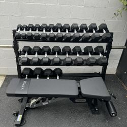 New Rubber Hex Dumbbells 5lbs-50lbs|Adjustable Bench FID|Dumbbell rack included|Gym Equipment|Weights|Exercise 