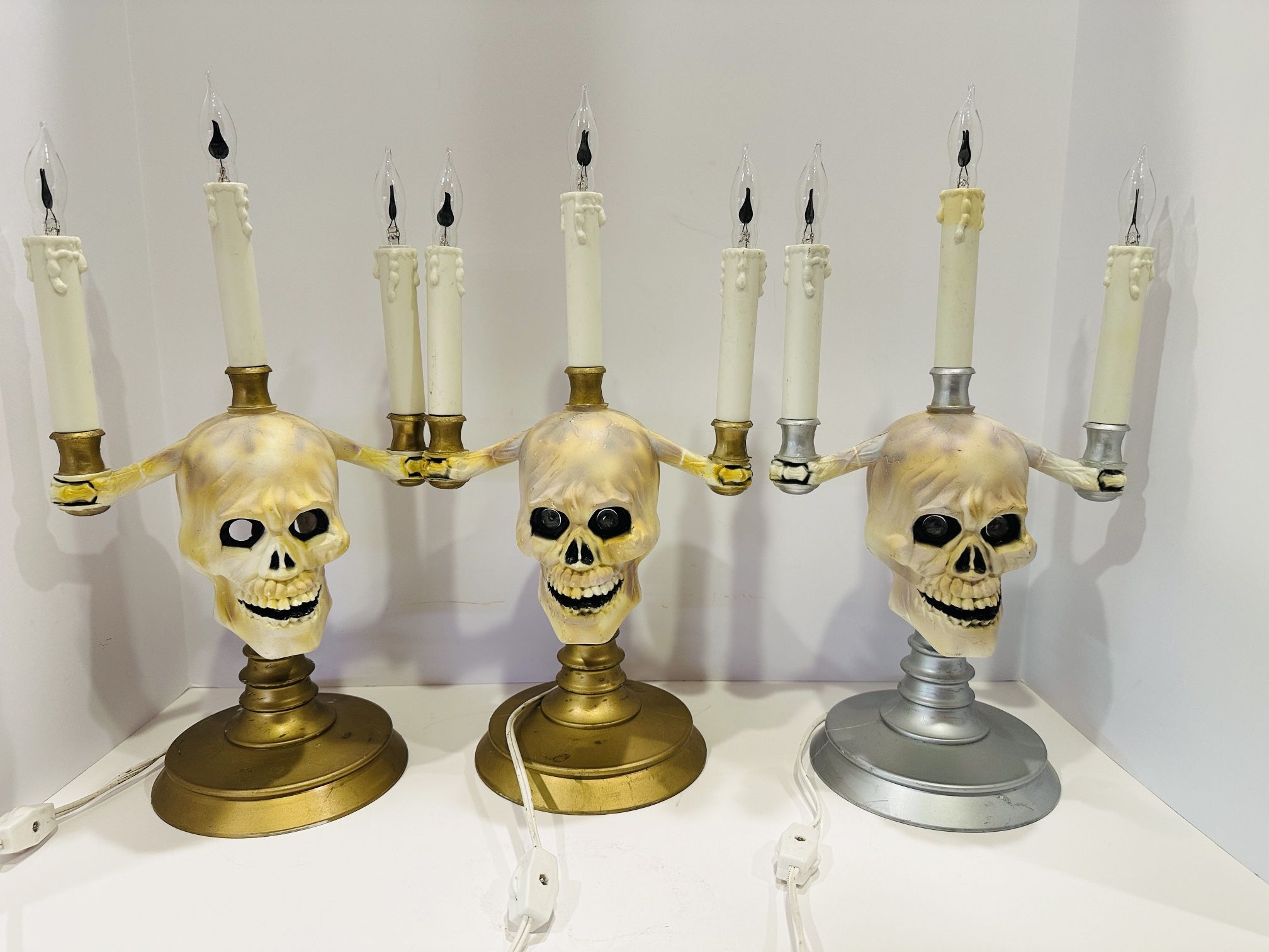 THREE Haunted Candelabra Skull π Flicker Lights Glowing Eyes Trendmasters 1994 Hallow Scream