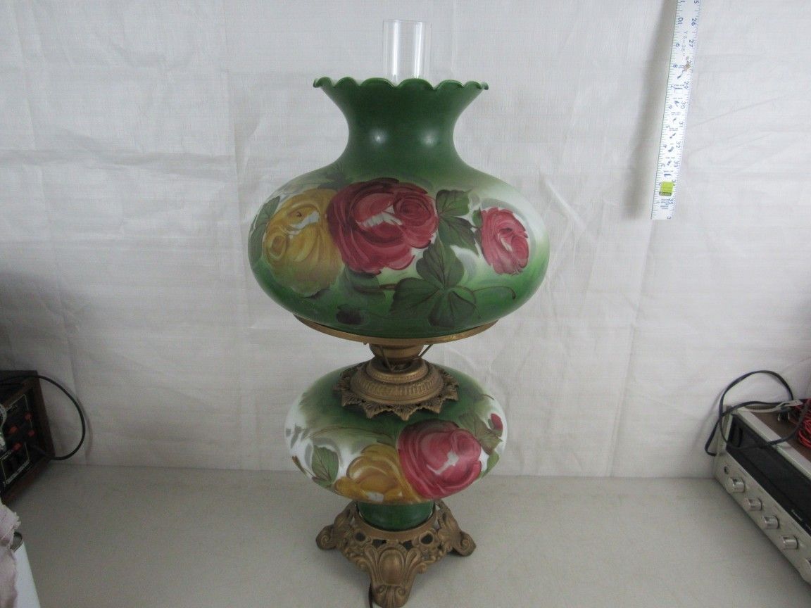 Vintage Glass Floral Globe Hurricane Two Way Electric Lamp 27" Tall


