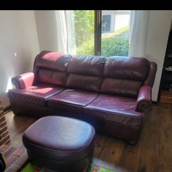 McKinley Genuine Leather Burgundy Couch And Ottoman