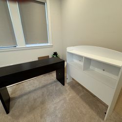 White Headboard And Brown Table