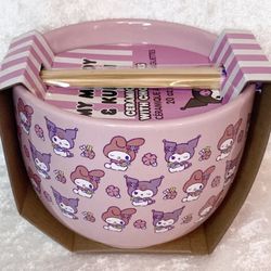 Sanrio Hello Kitty My Melody Kuromi Ramen Bowl with Chopsticks Pink NWT!