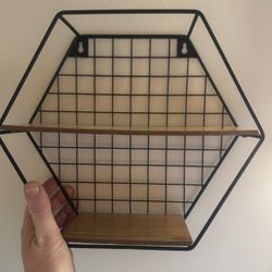 Small Wall Decor- Hexagon Black Metal and Wood Wall Shelf! Perfect condition!