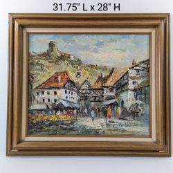 Framed Impressionist Oil Painting on Canvas European Town People Landscape