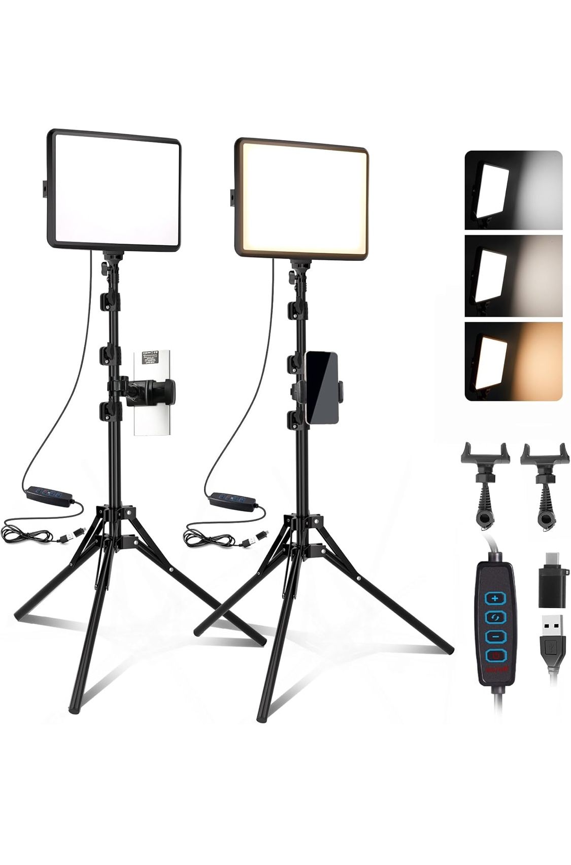 Open Box 2-Pack LED Video Light Kit, NiceVeedi Studio Light, 2K Dimmable Photography Lighting Kit with Tripod Stand&Phone Holder, 73" Stream L