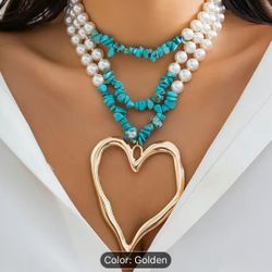 Hollow Heart Turquoise Pearl Layered Necklace $35 