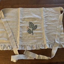 Half Apron with Hand-Embroidered Holly, Pocket & Ruffle