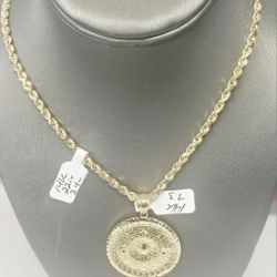 14k Solid 22inch 3.4mm Rope Chain And 14k Pendant 