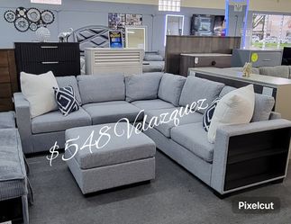 ✅️4 pc grey boucle fabric upholstered sectional sofa with storage arms and ottoman✅️✅️