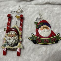 Vintage Christmas decoration 2 ornaments green red white metal wood Santa sled
