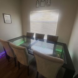 Glass Dining Table - Wooden Frame - Velvet Chairs 