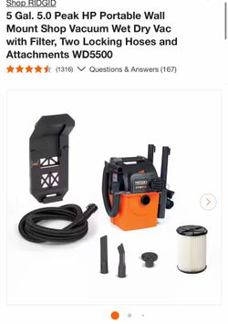 5 Gal. 5.0 Peak HP Portable Wall Mount Shop Vacuum Wet Dry Vac with Filter WD5500
