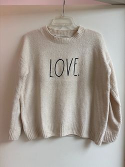Rae Dunn Love Beige Boucle Sweater Soft Cozy Knit Graphic Pullover Top Lounge L
