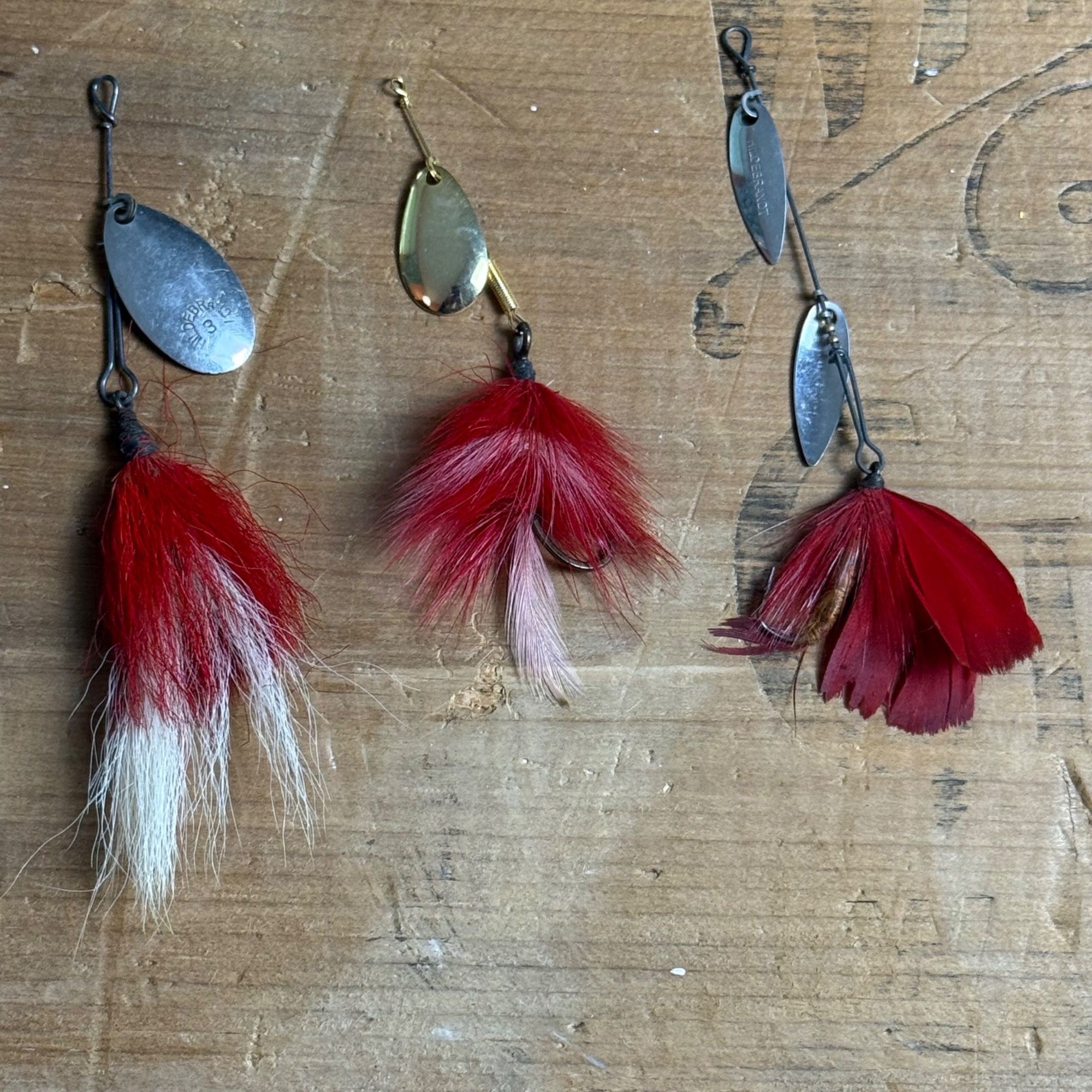 Hildebrandt Fishing Lures Vintage Metal Spinners & Red Feathers