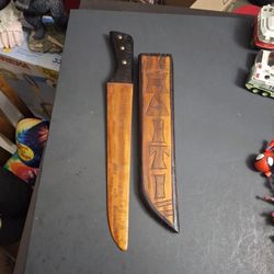 Vintage 1972 Hand Carved Mahogany Wood Machete W/Matching Sheath That Is Carved Haiti, Has Belt Loop 19.5" Long 