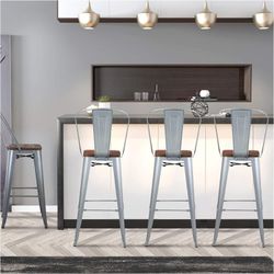 High Back Bar Stools with Wood Seat 30"