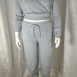 Tranquil & True Womens Gray Knit 2 Piece Lounge Set Wrap Crop Top Joggers Size M