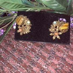 Vintage Brass Clip Earrings w/Genuine Stones