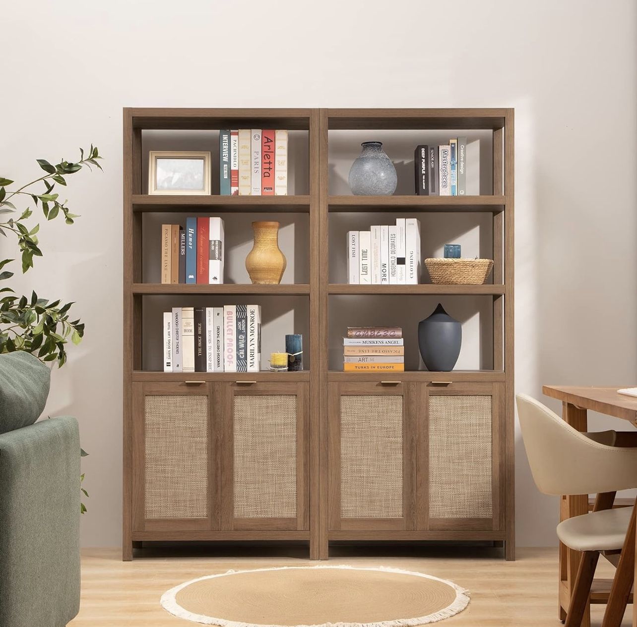 5 Tier Book Shelf Rattan Boho 71" Tall Bookcase with Doors Storage Shelves Large Bookshelves Farmhouse Bookcases Library Book Case for Living Room Be