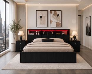 🚨 King  Size Bed Frame with Headboard Lights and bookcase storage, new  L-20