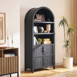 mopio Lauren 77.4" Tall Arched Cabinet, The Original 5-Tier Bookcase with Doors and Adjustable Shelves, Arch Bookshelf with Storage, Wooden Storage Ca