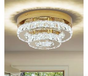 Gold Crystal Chandelier Flush Mount Ceiling Light, 9.8" Surface Mount LED Fixture with Built-in Light, Mini Bedroom Light 6000K