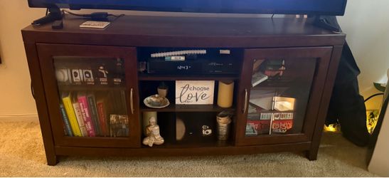 Dark Cherry Wood TV Stand with Glass Doors