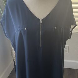 Mine Too Women’s 3XL Top Cap Sleeve Shirt Blouse Blue Sheer 1/4 Zip Up