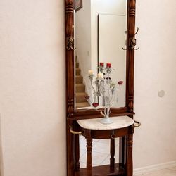 Elegant Entryway Hall Tree / Console Table with Mirror & Marble Top
