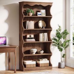 70-Inch Tall Bookcase, 5-Tier Open Bookshelf with Unique Curved-Edge Design, Wooden Vintage Free-Standing Display Shelves with Storage for Living Room