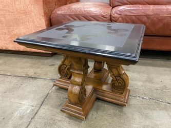 Traditional Style Wooden Low End Table with Ornate Carved Based