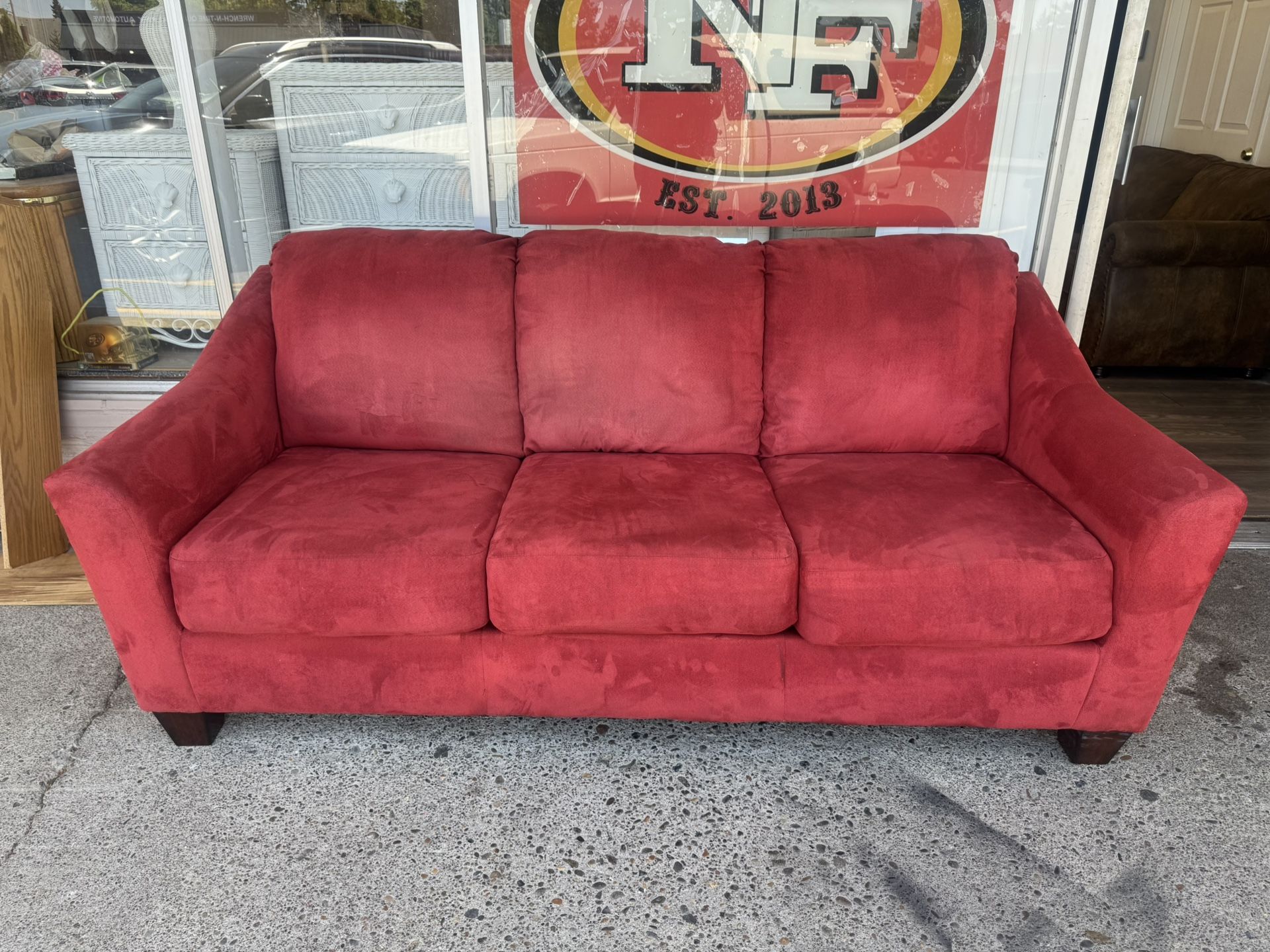 Red Microfiber 3-Seater Sofa – Clean & Comfortable | W-82” D-37” H-33”