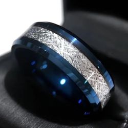 Men's 8mm Titanium Indigo Blue Metoriote Inspired Comfort-Fit Beveled-Edges Engagement Wedding Band 10