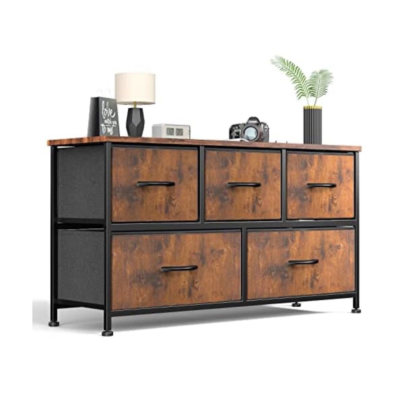 Sweetcrispy Dresser for Bedroom 5 Fabric Drawers Dresser Clothes Cabinet Storage Organizers and Wood Top Surface Table for TV, Chest of Drawers for Be
