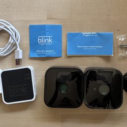 NEVER USED - Blink Security Camera x2 + Sync Module 2 & Accessories