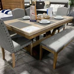 Vesper Brown/Gray Marble Rectangular Dining Set (Dining table and Chairs