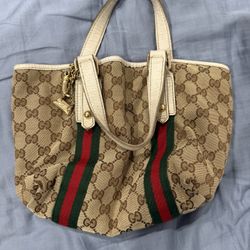 Gucci GG Canvas Tote Bag with Red Green Stripe Trim