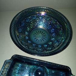  Blue Opalescent Butter Dish & Bowl 