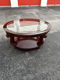 Large Cherry Wood and Etched Glass Coffee Table