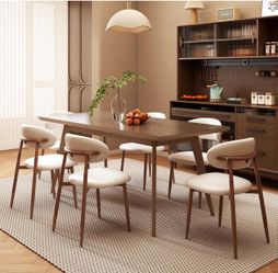 Dining Chairs Set of 6 Mid-Century Modern Kitchen & Dining Room Chairs with PU Leather Seat and Backrest Ergonomic Sillas de Comedor(Walnut/Beige)