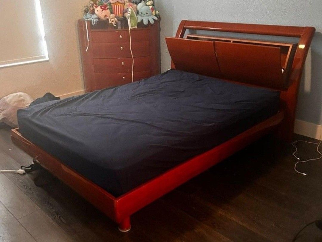 Full-Size Wooden Bed Frame with Storage + Matching 5-Drawer Cabinet