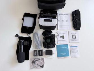 4K Camcorder Kit – Camera + Wide Angle Lens + External Microphone + LED Light + 2 Batteries + Carrying Case