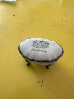 Vintage 25th Silver Anniversary Porcelain Trinket Box – Made in Japan – Footed Keepsake Dish