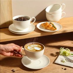 Set of 4, 12 oz Cappuccino Cups with Saucers, Ceramic Espresso Coffee Cups Set of 4, White Latte Cup and Saucer, Elegant Tea Mugs Set, Microwave Dishw