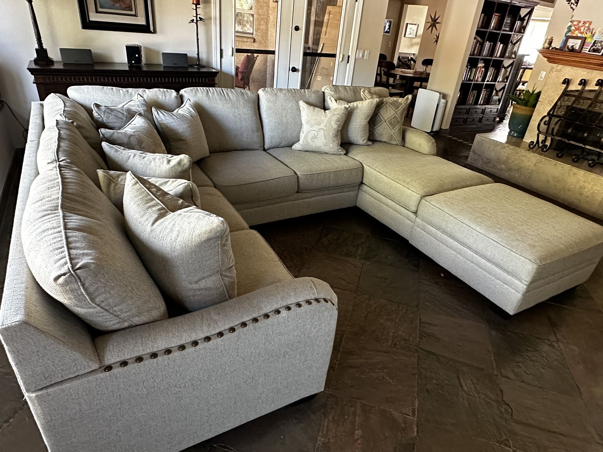 Sectional Beige Nailhead Trim with Chaise Ottoman