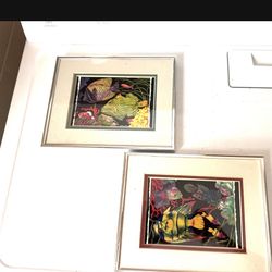 Pair of two glass frame nautical fish pictures