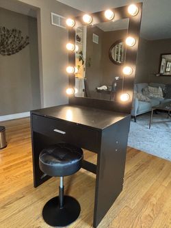 Black Lighted Vanity + Adjustable Stool